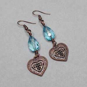 Blue Teardrop Copper Heart Charms Dangle Earrings